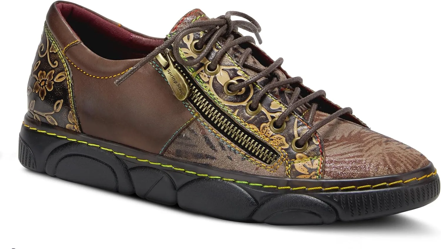 L'Artiste by Spring Step Women's Danli-Bloom Sneaker – Hand-Painted Leather Platform Shoes with Zipper & Lace-Up Closure, Removable Insole, Rainbow Stitching, Comfort Fit