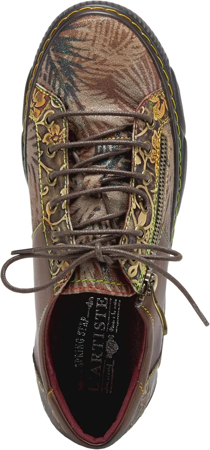 L'Artiste by Spring Step Women's Danli-Bloom Sneaker – Hand-Painted Leather Platform Shoes with Zipper & Lace-Up Closure, Removable Insole, Rainbow Stitching, Comfort Fit