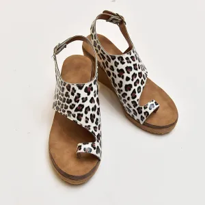 Leather Slipper Summer Comfortable Vintage Casual Beach Open Toe Slip on Mules Wedge Sandals Bunion Corrector Toe Platform Shoes Buckle Ankle Strap Leather Flip Flops,Leopard,US11/EU43