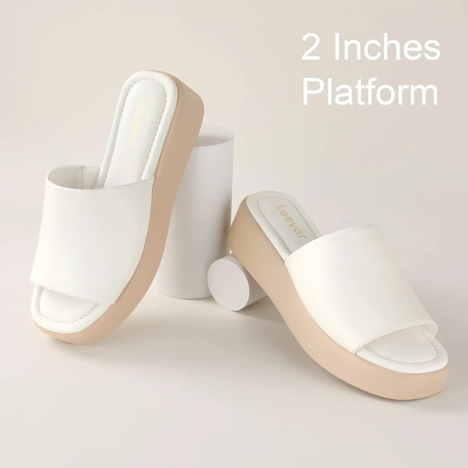 Leevar Nude White Black Platform Wedges Sandals for Women - Soft Memory Foam Padded Backless Slip On Comfy Square Open Toe Mules Summer Casual Flatform Platform Wedge Sandals Slides for Women
