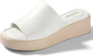 Leevar Nude White Black Platform Wedges Sandals for Women - Soft Memory Foam Padded Backless Slip On Comfy Square Open Toe Mules Summer Casual Flatform Platform Wedge Sandals Slides for Women