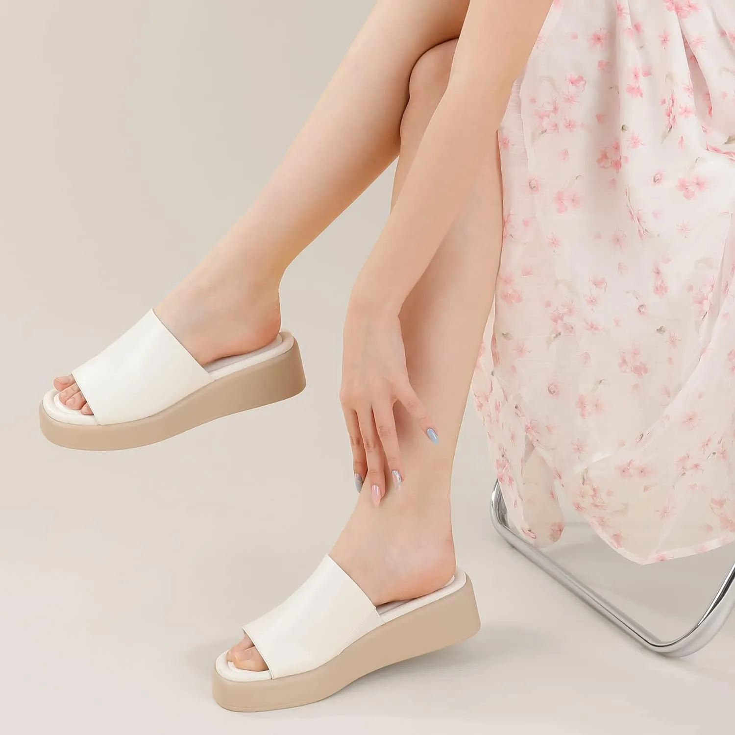 Leevar Nude White Black Platform Wedges Sandals for Women - Soft Memory Foam Padded Backless Slip On Comfy Square Open Toe Mules Summer Casual Flatform Platform Wedge Sandals Slides for Women