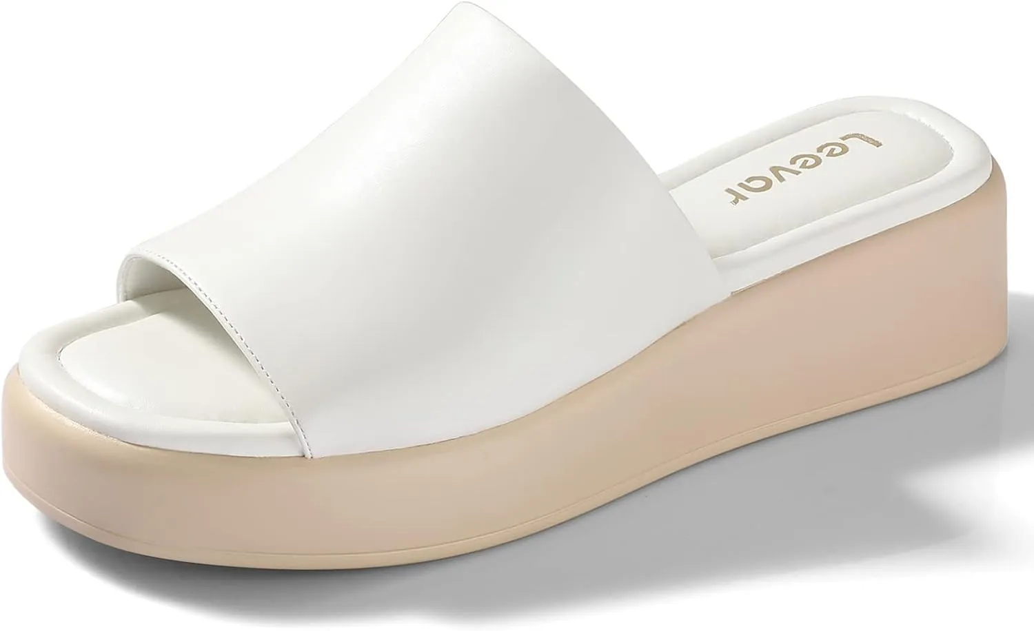 Leevar Nude White Black Platform Wedges Sandals for Women - Soft Memory Foam Padded Backless Slip On Comfy Square Open Toe Mules Summer Casual Flatform Platform Wedge Sandals Slides for Women