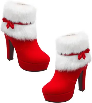 LIFKOME Womens Chunky High Heel Bow- Knot Side Zipper Faux Fur Ankle Round Toe Block Winter Snow Mid- Calf Bootie Boots RED 8.5