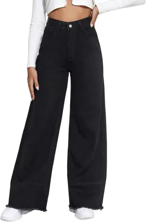 LONGBIDA Wide Leg Jeans for Women High Waisted Baggy Straight Leg Y2k Raw Hem Denim Pants for Women 2024