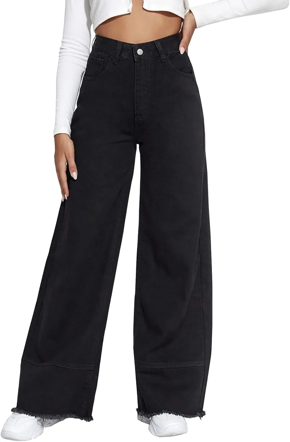 LONGBIDA Wide Leg Jeans for Women High Waisted Baggy Straight Leg Y2k Raw Hem Denim Pants for Women 2024