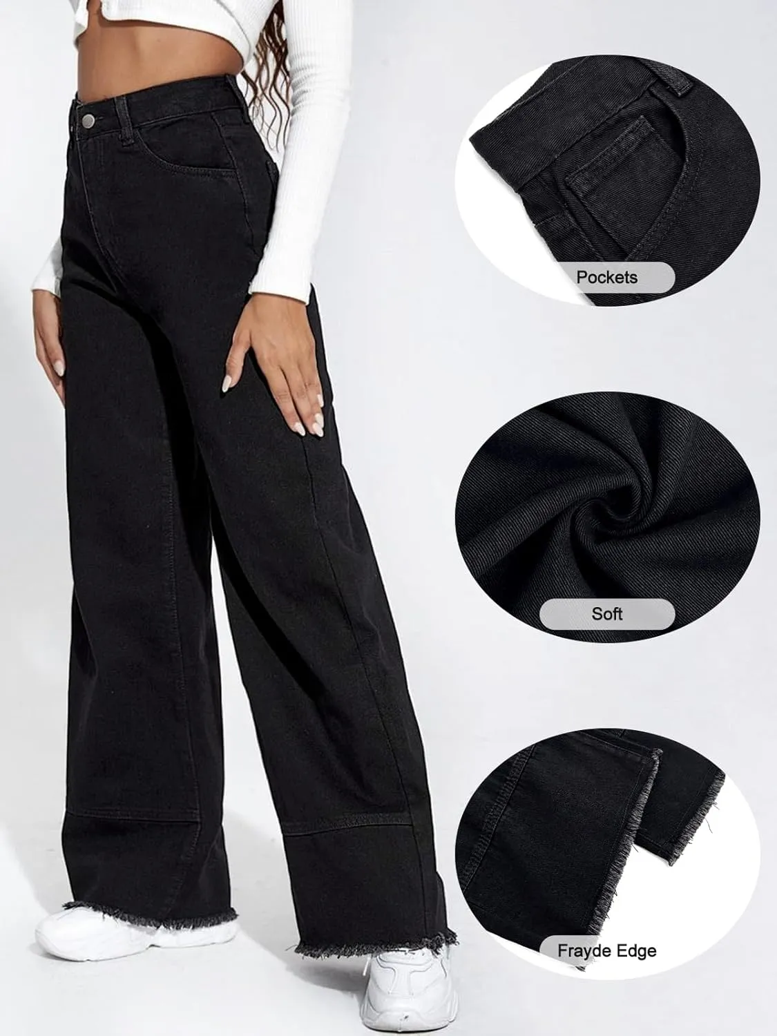 LONGBIDA Wide Leg Jeans for Women High Waisted Baggy Straight Leg Y2k Raw Hem Denim Pants for Women 2024