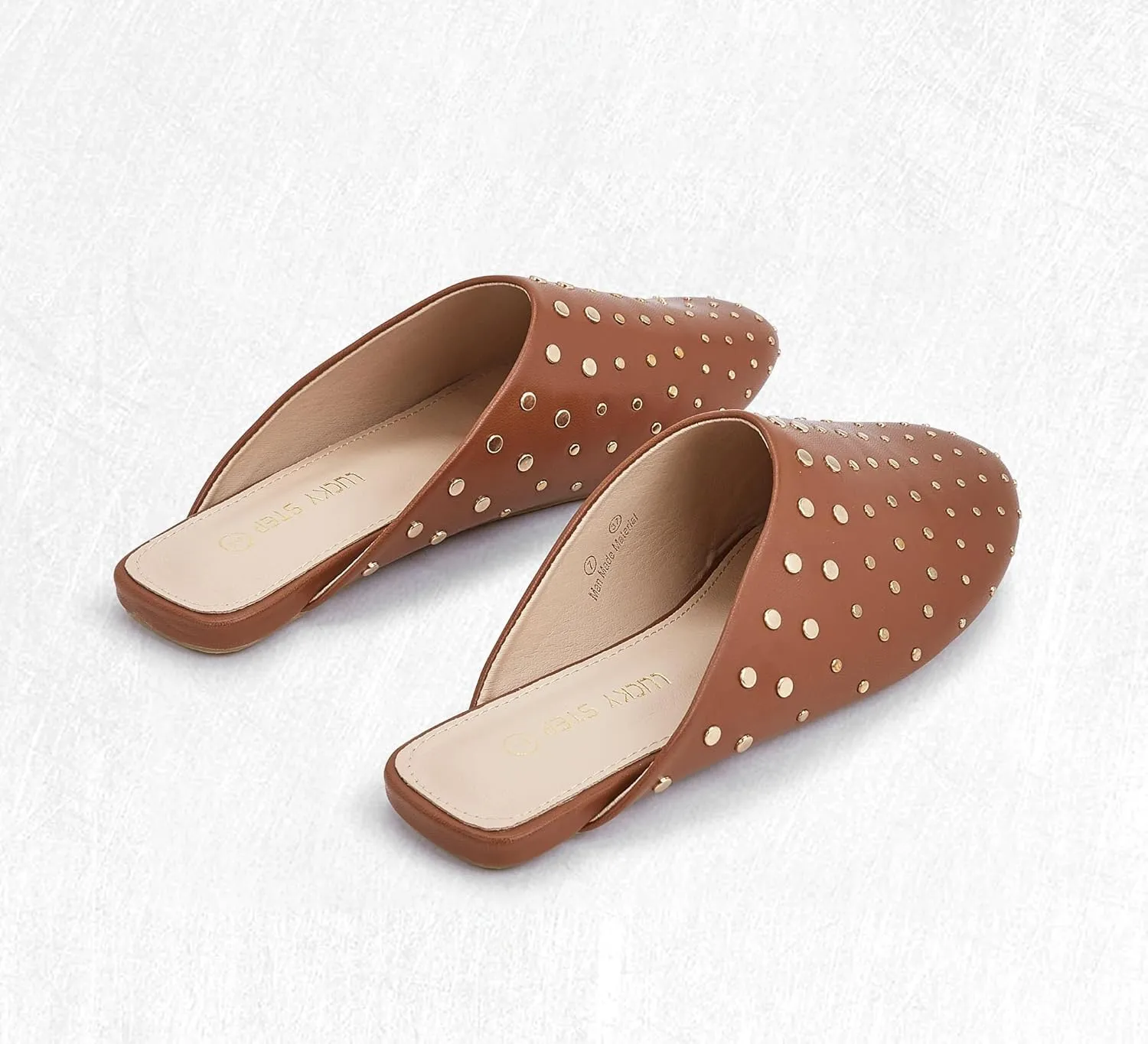 LUCKY STEP Women's Rivet Mules Flats Closed Toe Leather Fashion Slippers Sparkly Comfortable Backless Slip on Slides