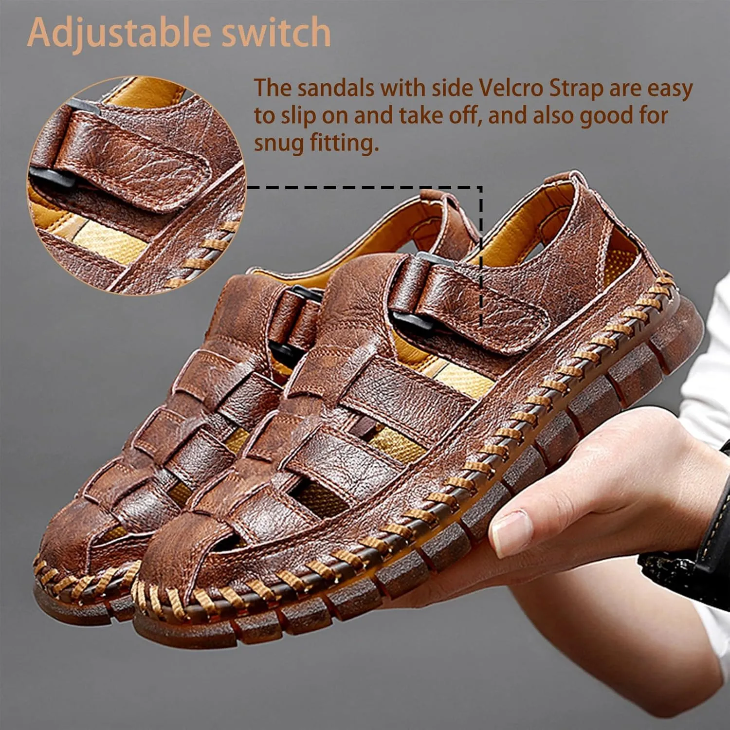 MAIZUN Men's Sandals Closed Toe Outdoor Leather Sandals Hiking Waterproof Athletic Fisherman Sandals Summer Adjustable Beach Water Sandals
