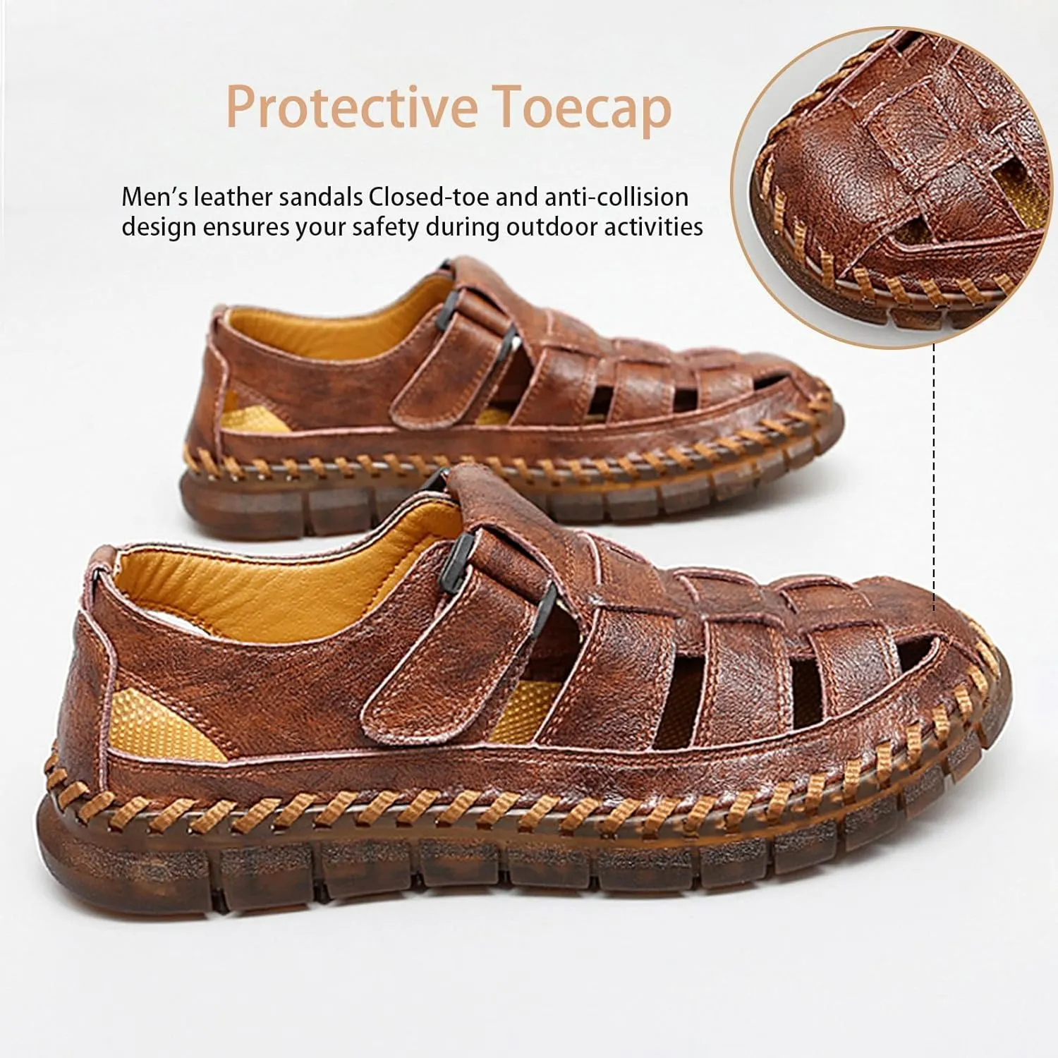 MAIZUN Men's Sandals Closed Toe Outdoor Leather Sandals Hiking Waterproof Athletic Fisherman Sandals Summer Adjustable Beach Water Sandals