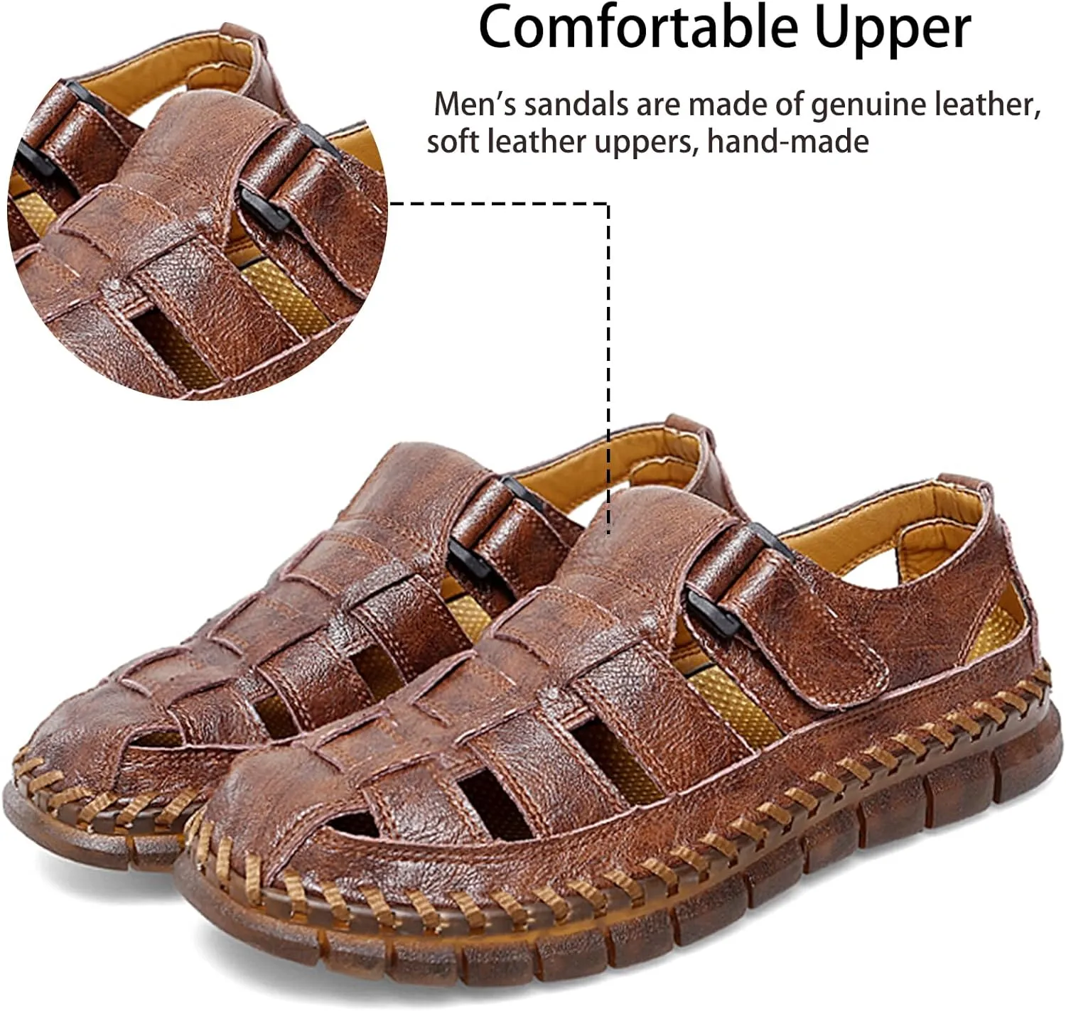 MAIZUN Men's Sandals Closed Toe Outdoor Leather Sandals Hiking Waterproof Athletic Fisherman Sandals Summer Adjustable Beach Water Sandals
