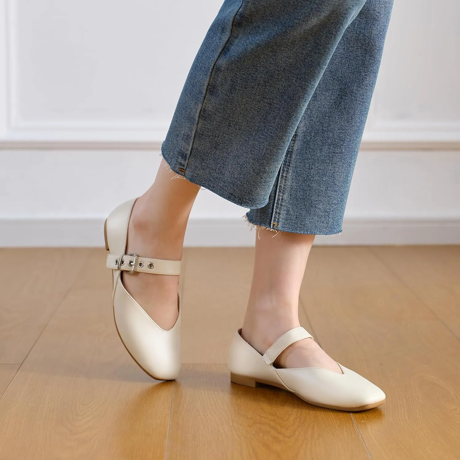 Mary Jane Shoes Women, Square Toe Ballet Flats Shoes, Comfortable Strap Ballet Flats, Flats for Women Dressy with Adjustable Buckle