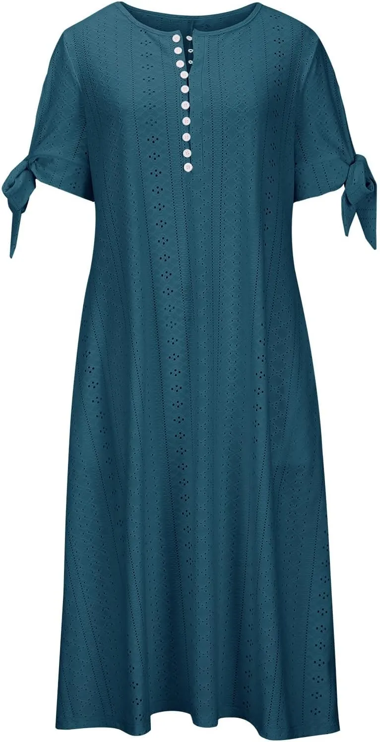Maxi Long Dresses for Women 2025 Vacation Casual Short Sleeve Eyelet Tshirt Dress Summer Beach Travel Sundress Trendy