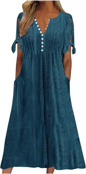 Maxi Long Dresses for Women 2025 Vacation Casual Short Sleeve Eyelet Tshirt Dress Summer Beach Travel Sundress Trendy