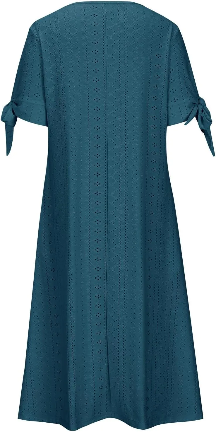 Maxi Long Dresses for Women 2025 Vacation Casual Short Sleeve Eyelet Tshirt Dress Summer Beach Travel Sundress Trendy