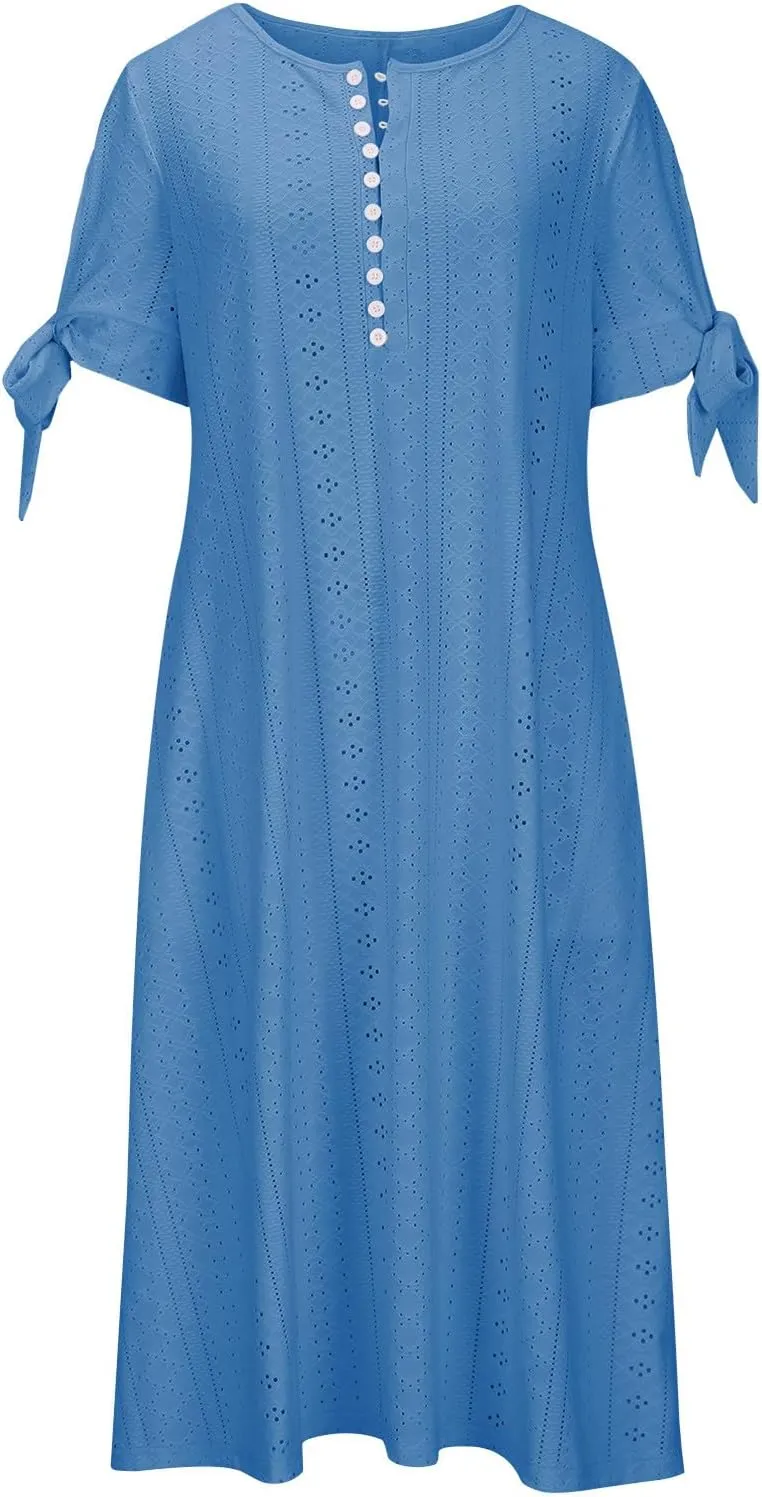 Maxi Long Dresses for Women 2025 Vacation Casual Short Sleeve Eyelet Tshirt Dress Summer Beach Travel Sundress Trendy