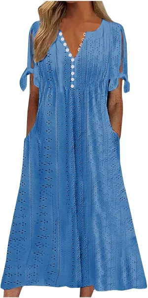 Maxi Long Dresses for Women 2025 Vacation Casual Short Sleeve Eyelet Tshirt Dress Summer Beach Travel Sundress Trendy