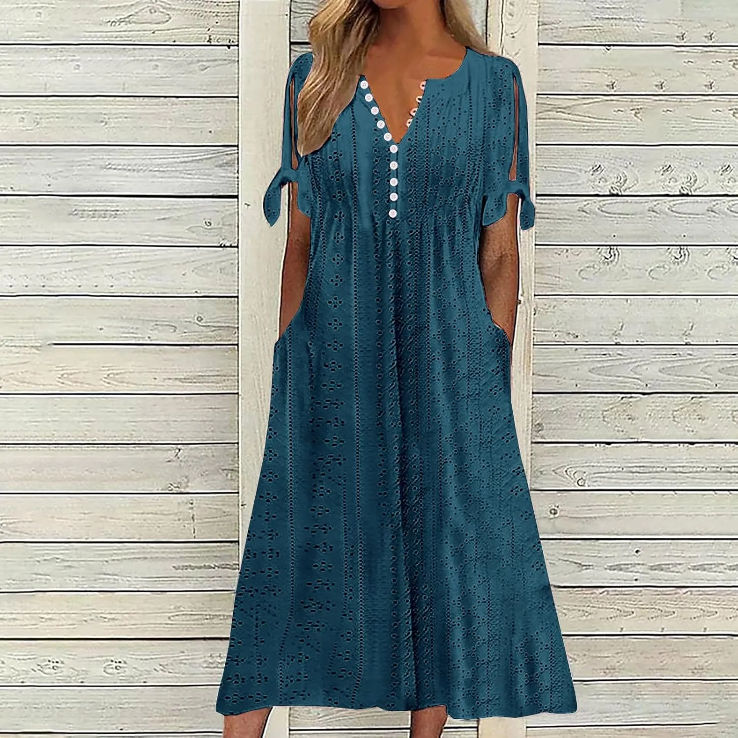Maxi Long Dresses for Women 2025 Vacation Casual Short Sleeve Eyelet Tshirt Dress Summer Beach Travel Sundress Trendy