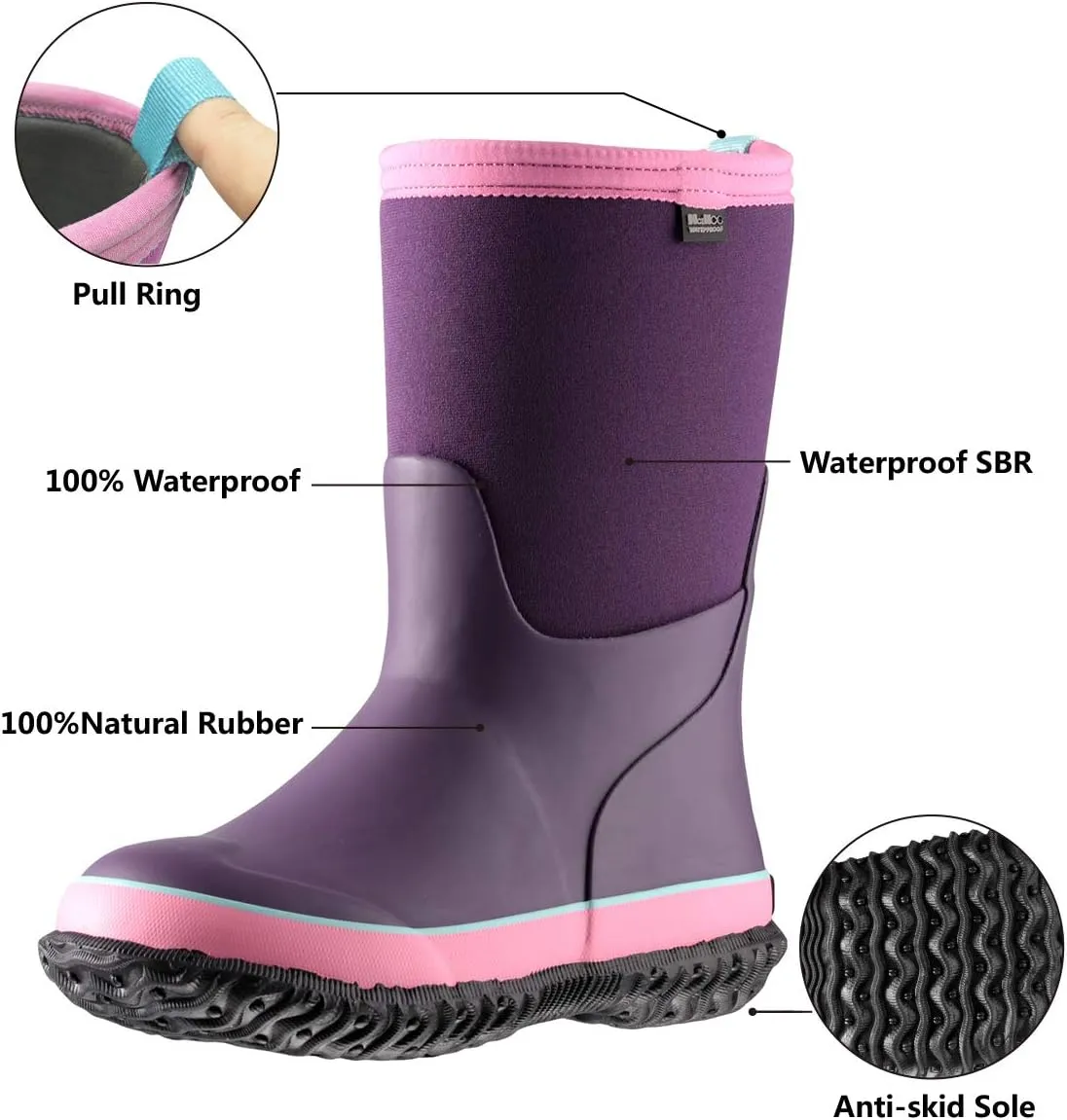 MCIKCC Kids Waterproof Rain Boots,High Snow Boots for Toddler Boys Girls,Textile Rubber Sole