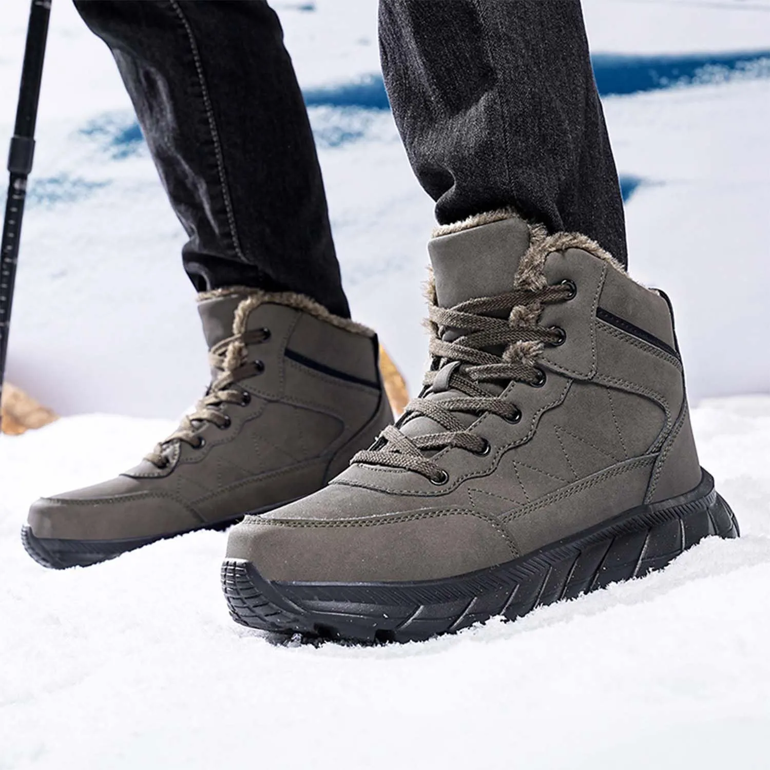MEBAMY Men's Snow Boots Lightweight Black Hiking Winter Boots Fur Lined Anti-slip Cold Weather Shoes Furry Outdoor Snow Boot