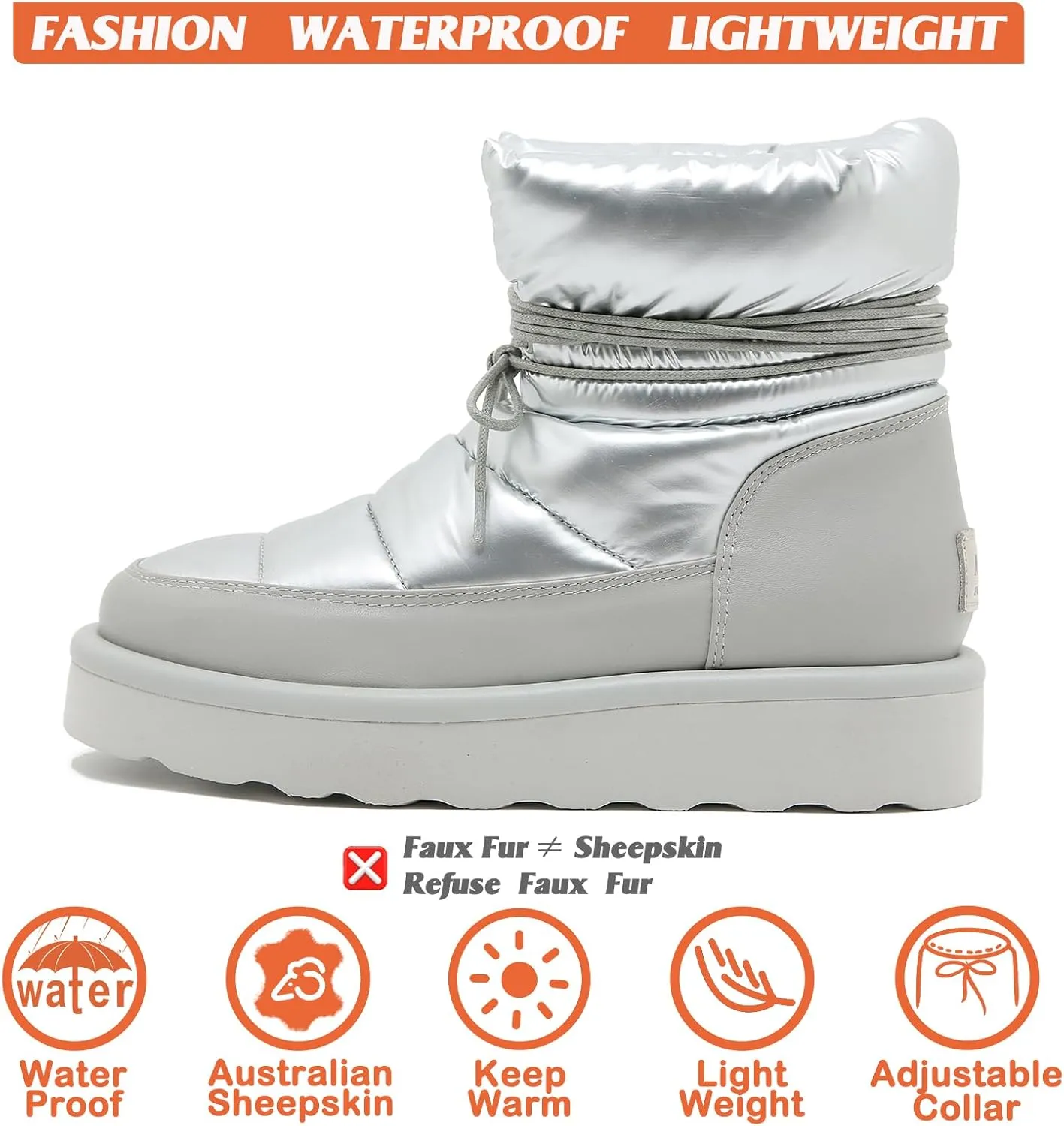 Mel&Syd 100% Australian Sheepskin Women Snow Boots - Waterproof Fur Lined Shearling Boots - Warm Insulated Lace Up Elastic Belt Mini Boots with Memory Foam Rubber Non-Slip Fashionable Walking Shoes