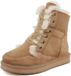 Mel&Syd Sheepskin Snow Boots for Womens Mens Mid Calf Flat Slip On Combat Boots Genuine Shearling Leather Classic Lace up/Hook Adjustable Buckle Fur Winter Shoes Booties Chestnut 10#