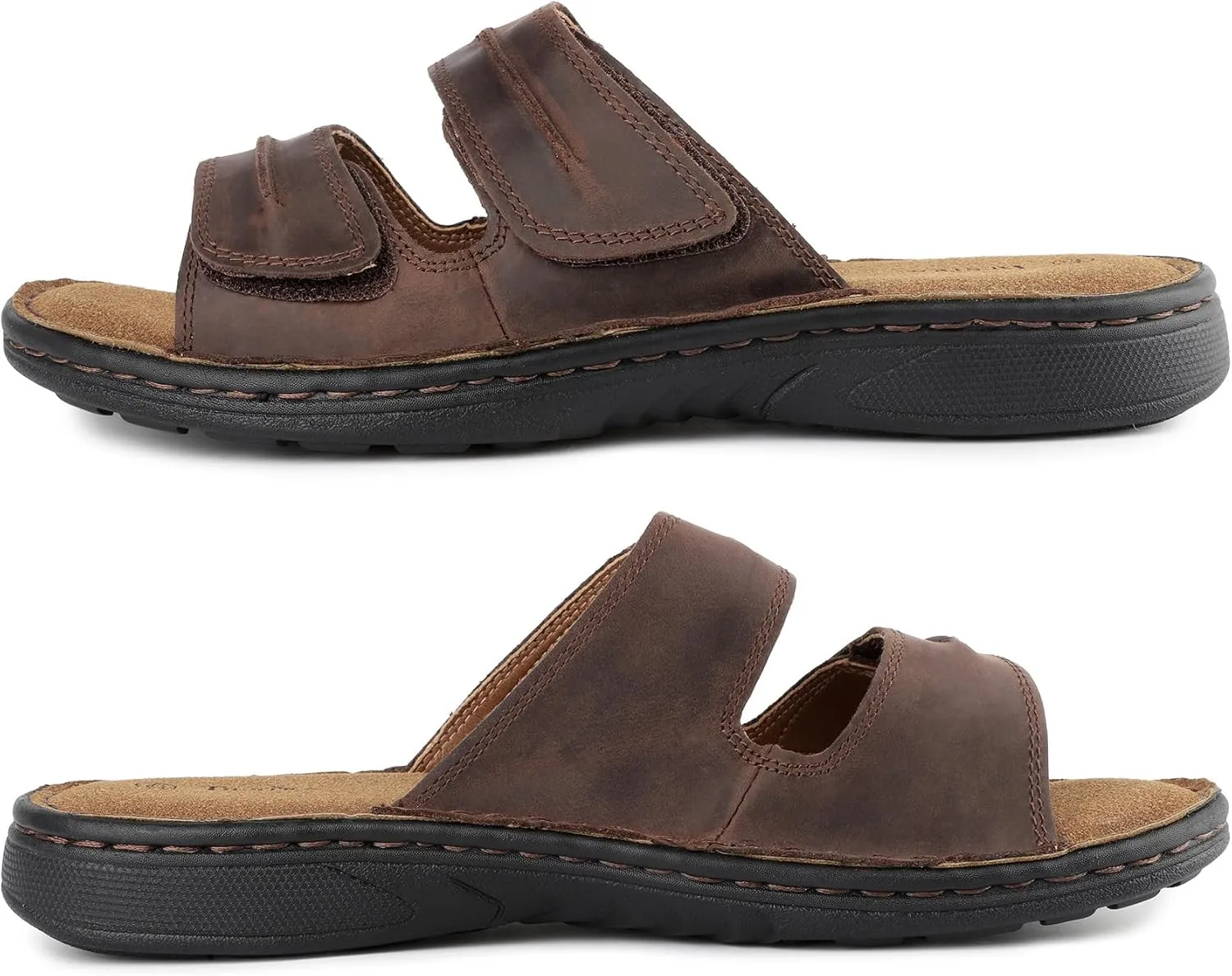 Mens Adjustable Leather Slide Sandals Comfortable Lightweight Summer Memory Foam Sandals Casual Beach Slip On Sandals for Men Indoor & Outdoor