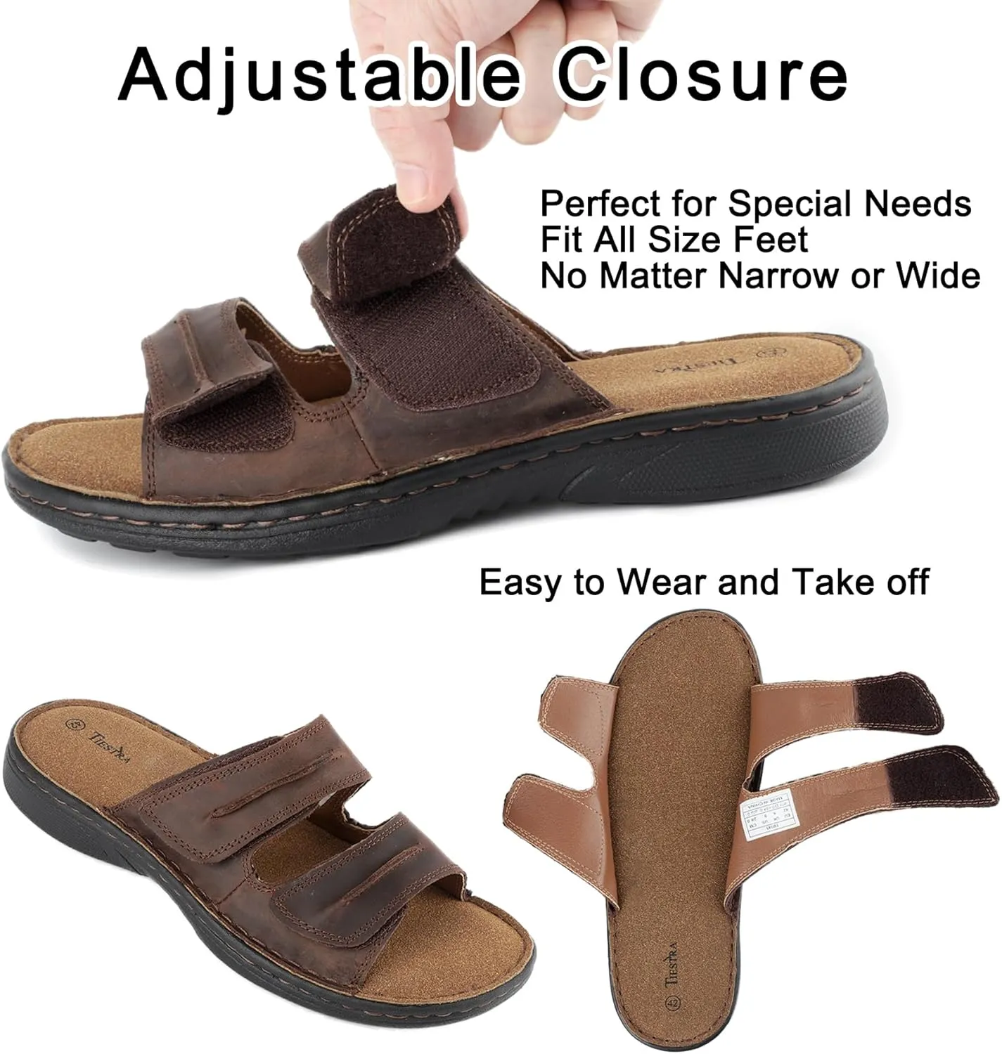 Mens Adjustable Leather Slide Sandals Comfortable Lightweight Summer Memory Foam Sandals Casual Beach Slip On Sandals for Men Indoor & Outdoor