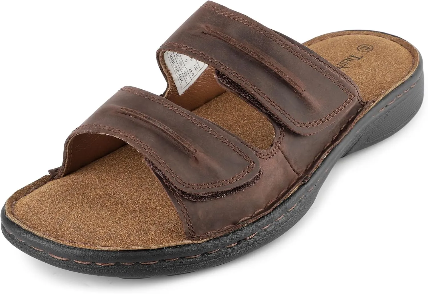 Mens Adjustable Leather Slide Sandals Comfortable Lightweight Summer Memory Foam Sandals Casual Beach Slip On Sandals for Men Indoor & Outdoor