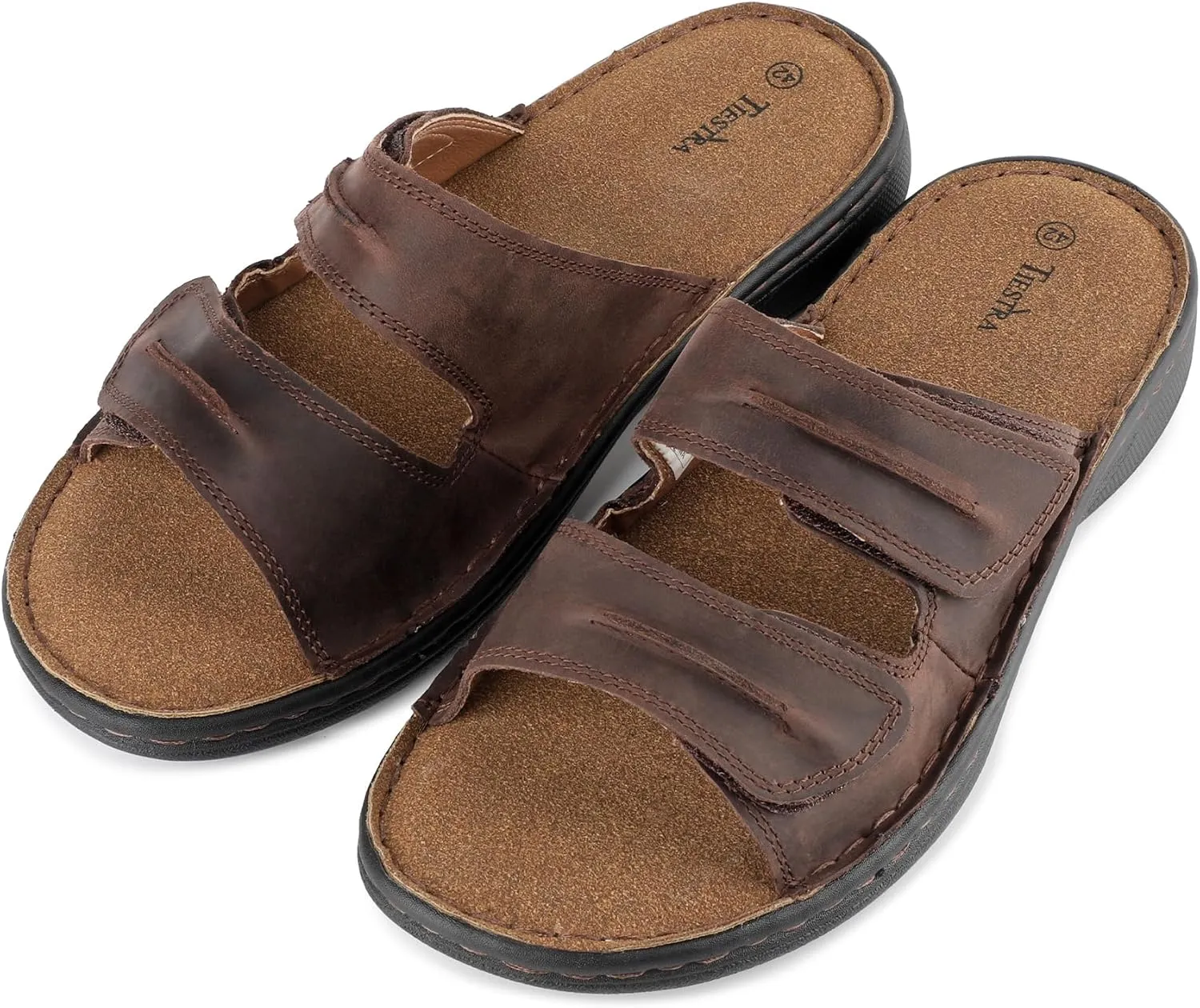 Mens Adjustable Leather Slide Sandals Comfortable Lightweight Summer Memory Foam Sandals Casual Beach Slip On Sandals for Men Indoor & Outdoor