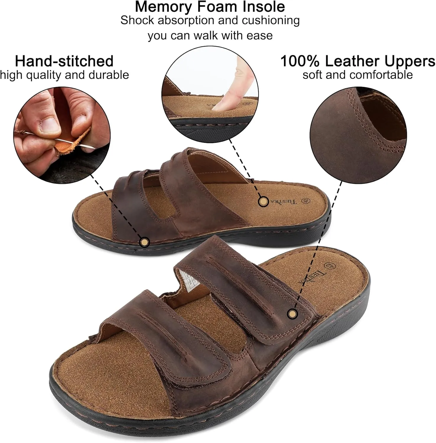 Mens Adjustable Leather Slide Sandals Comfortable Lightweight Summer Memory Foam Sandals Casual Beach Slip On Sandals for Men Indoor & Outdoor