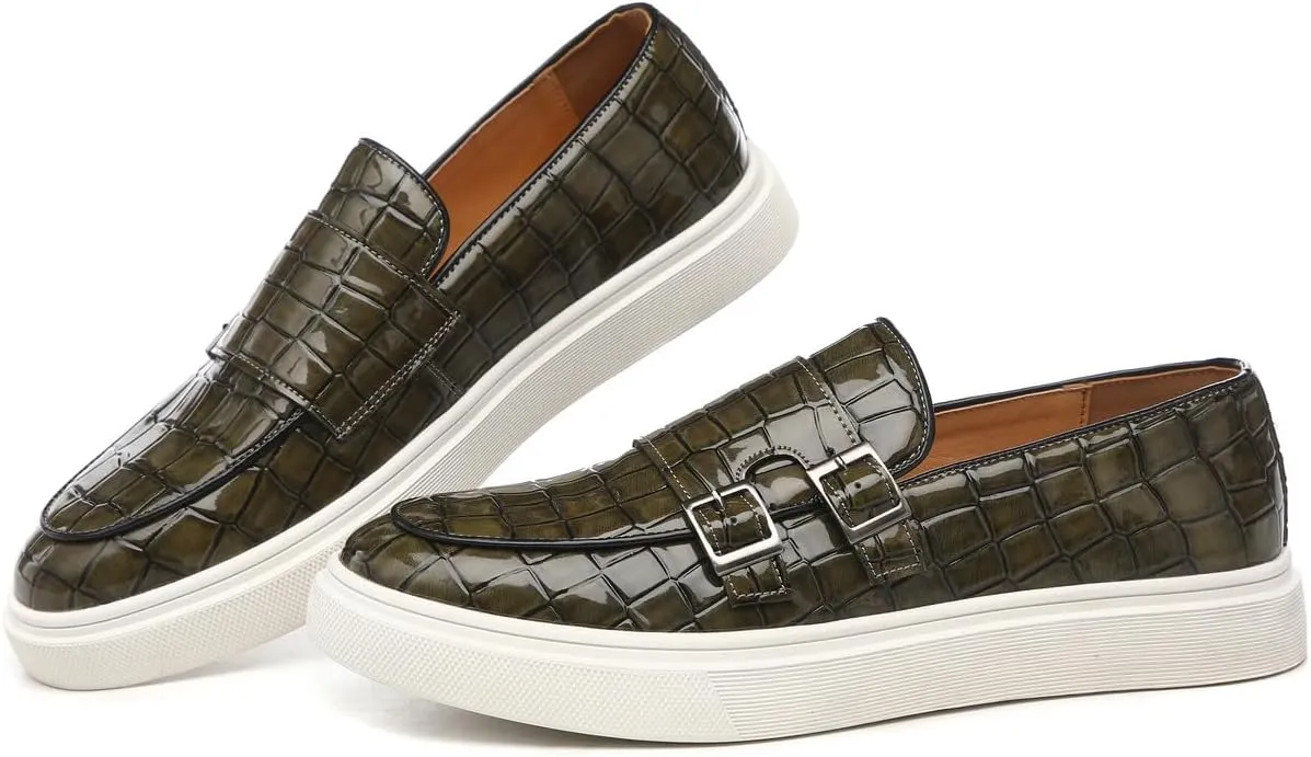 Men's Buckle Strap Loafers Crocodile Pattern Patent Leather Formal Casual Chunky Dress Shoes for Business Work Outdoor Dating Prom