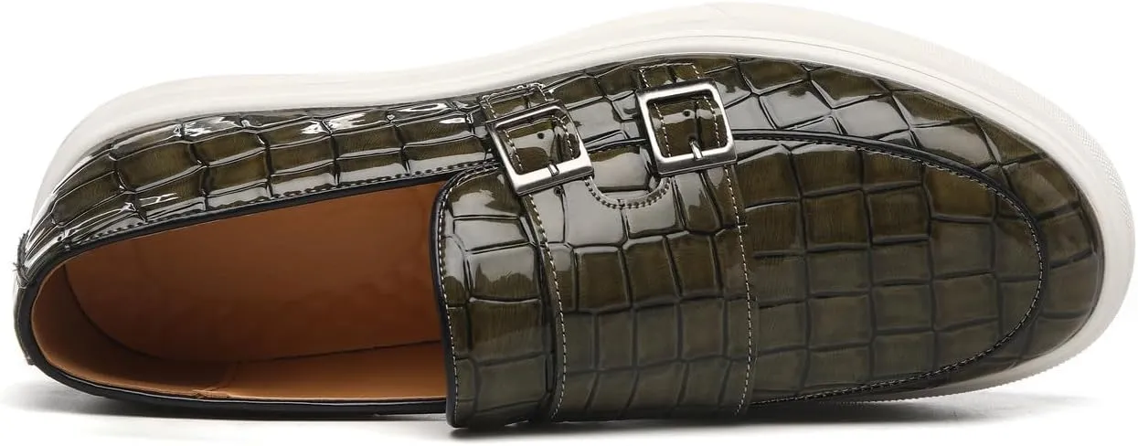Men's Buckle Strap Loafers Crocodile Pattern Patent Leather Formal Casual Chunky Dress Shoes for Business Work Outdoor Dating Prom
