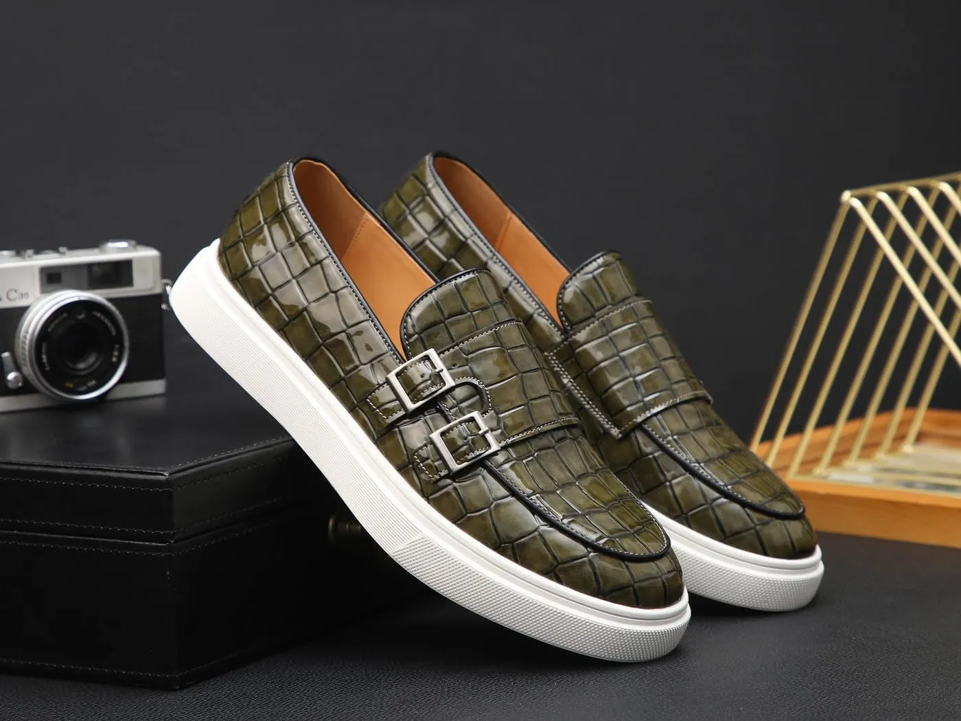 Men's Buckle Strap Loafers Crocodile Pattern Patent Leather Formal Casual Chunky Dress Shoes for Business Work Outdoor Dating Prom