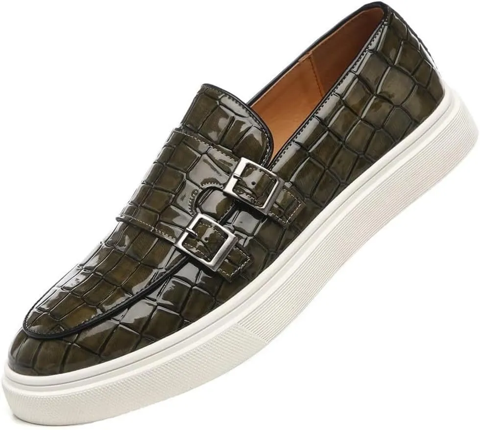 Men's Buckle Strap Loafers Crocodile Pattern Patent Leather Formal Casual Chunky Dress Shoes for Business Work Outdoor Dating Prom
