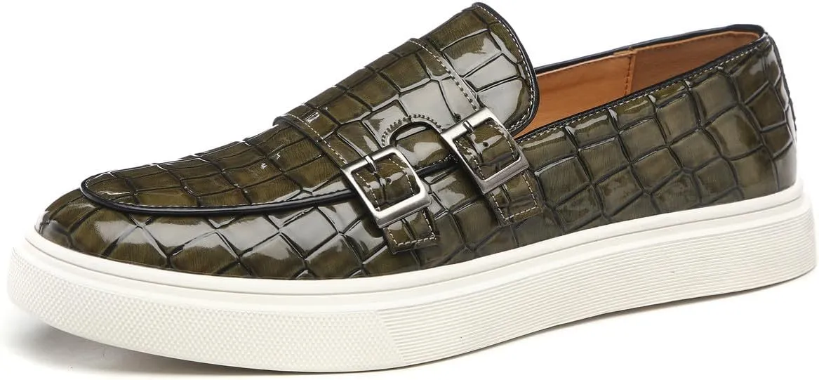Men's Buckle Strap Loafers Crocodile Pattern Patent Leather Formal Casual Chunky Dress Shoes for Business Work Outdoor Dating Prom