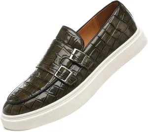 Men's Buckle Strap Loafers Crocodile Pattern Patent Leather Formal Casual Chunky Dress Shoes for Business Work Outdoor Dating Prom