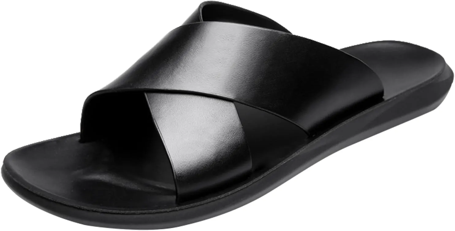 Men's Leather Criss Cross Sandals Slip-Resistant Beach Slides -Lightweight Casual Summer Flat Slippers for Pool Travel & Indoor Outdoor Wear