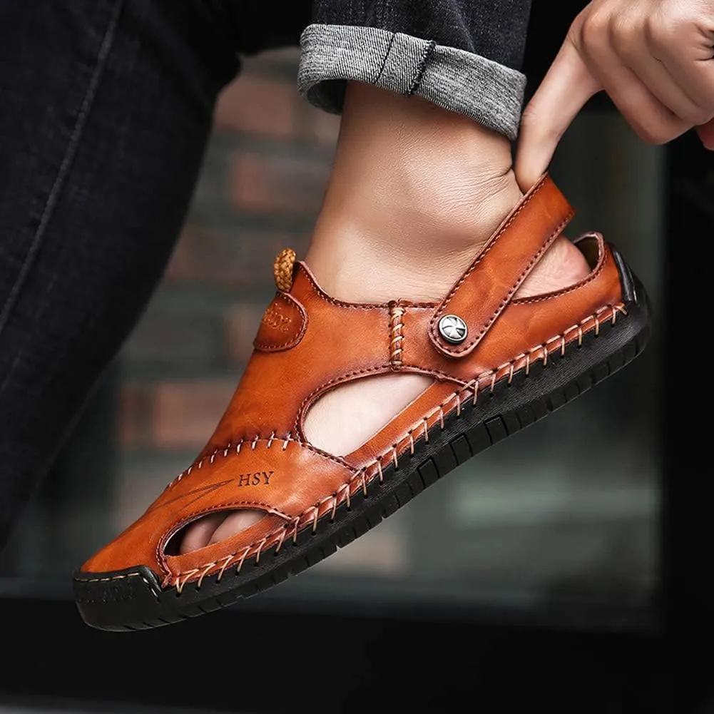 Men's Leather Sports Sandals Slippers Outdoor Hiking Shoes Beach Athletic Fisherman Walking Summer Anti-Slip Lightweight