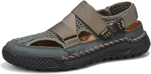 Men's Mesh Cutout Hook and Loop Fisherman Sandals Comfort Non Slip Lightweight Hand Stitching Beach Sandals Casual Wading Outdoor Sandals