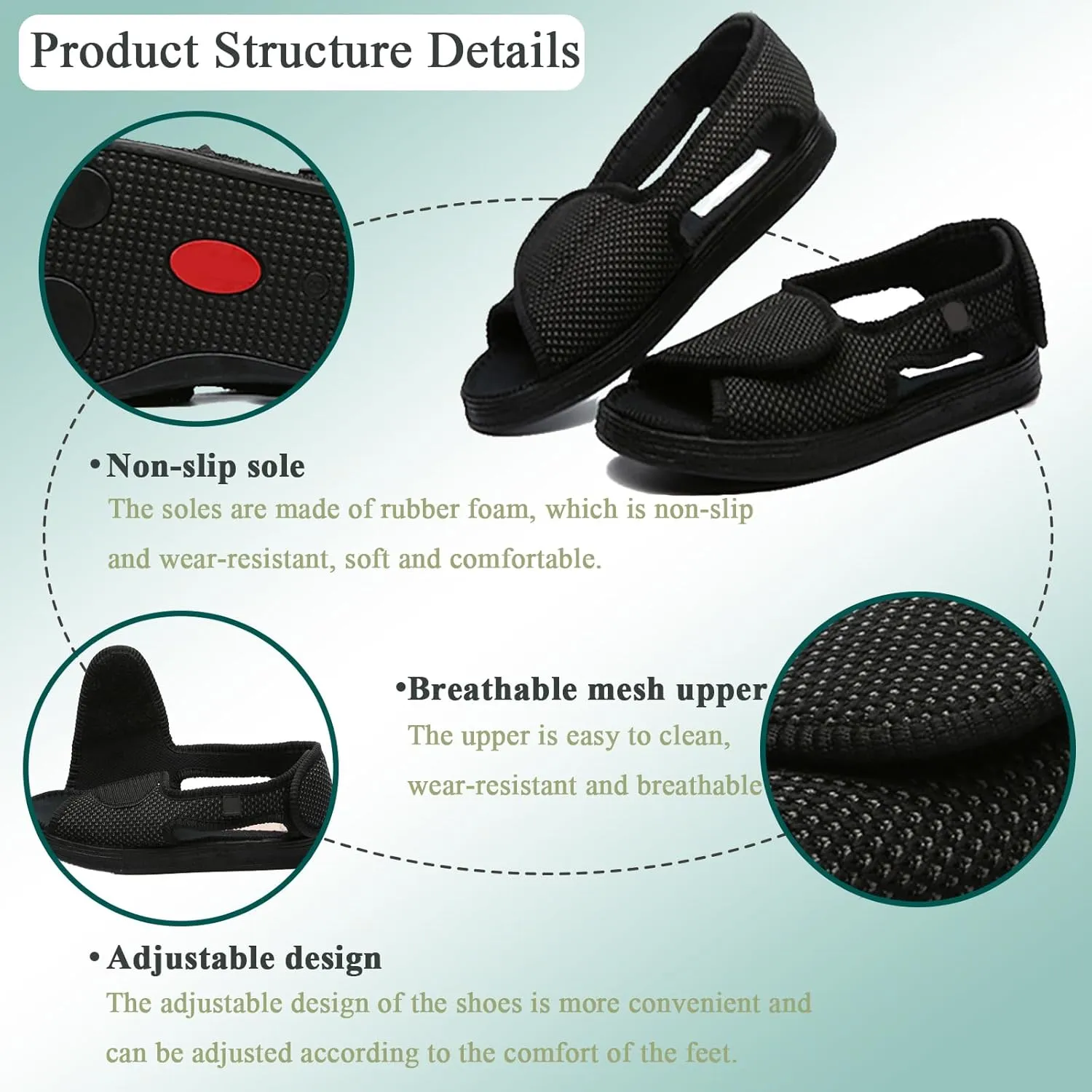 Men's Open Toe Diabetic Sandals, Adjustable Extra Wide Width Shoes, Lightweight Breathable Shoes for Women Swollen Feet Arthritis Elderly