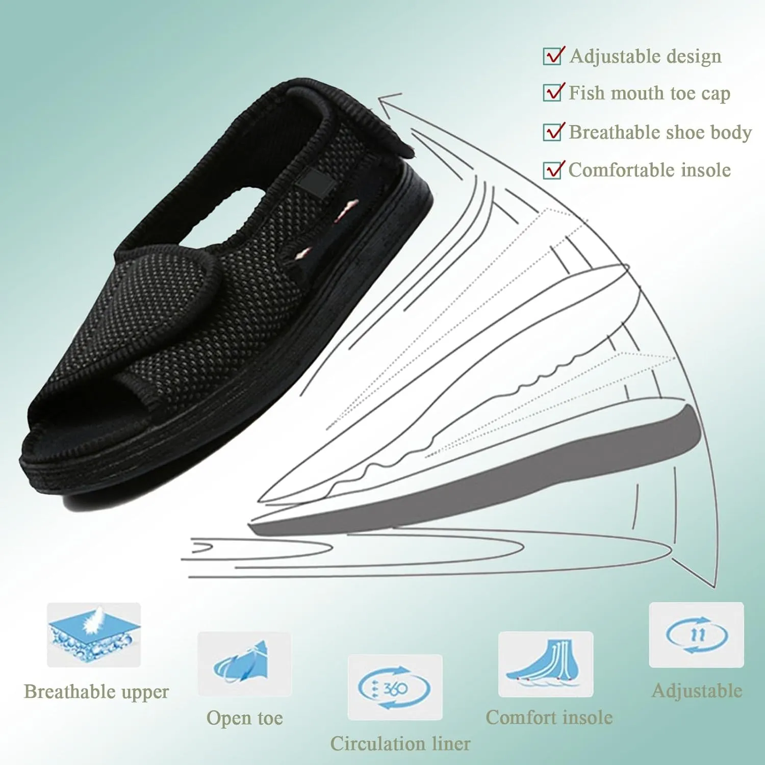 Men's Open Toe Diabetic Sandals, Adjustable Extra Wide Width Shoes, Lightweight Breathable Shoes for Women Swollen Feet Arthritis Elderly