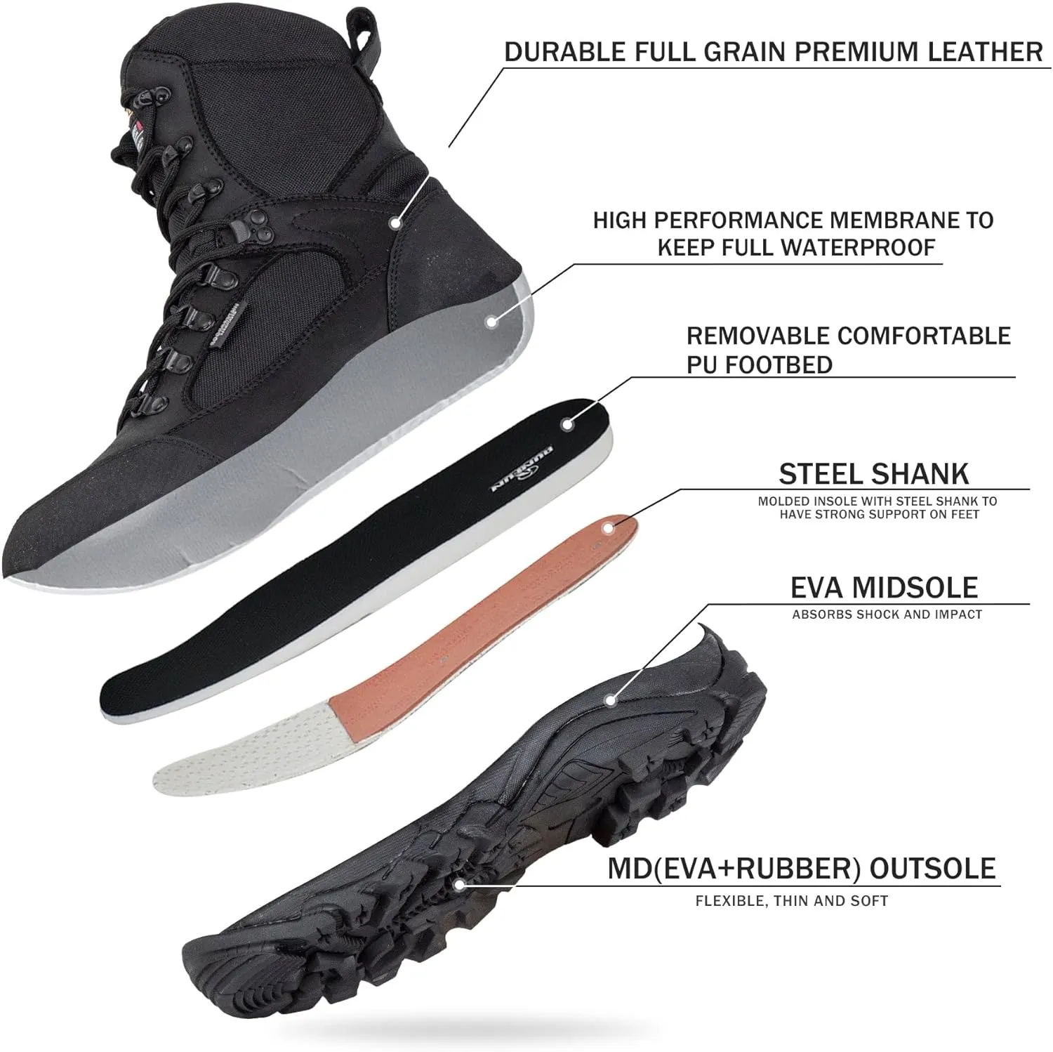 Men's Waterproof Military Tactical Work Boots 8 Inch Lightweight Leather Combat Boot, 400g Thinsulate