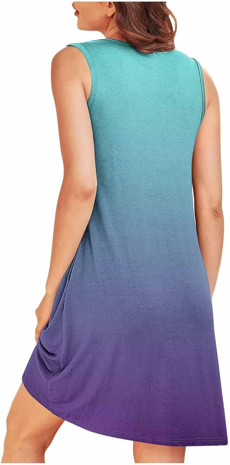 Midi Dresses for Women Summer Crew Neck Sleeveless Striped Sun Dresses Casual Soft Lounge Dress with Pockets