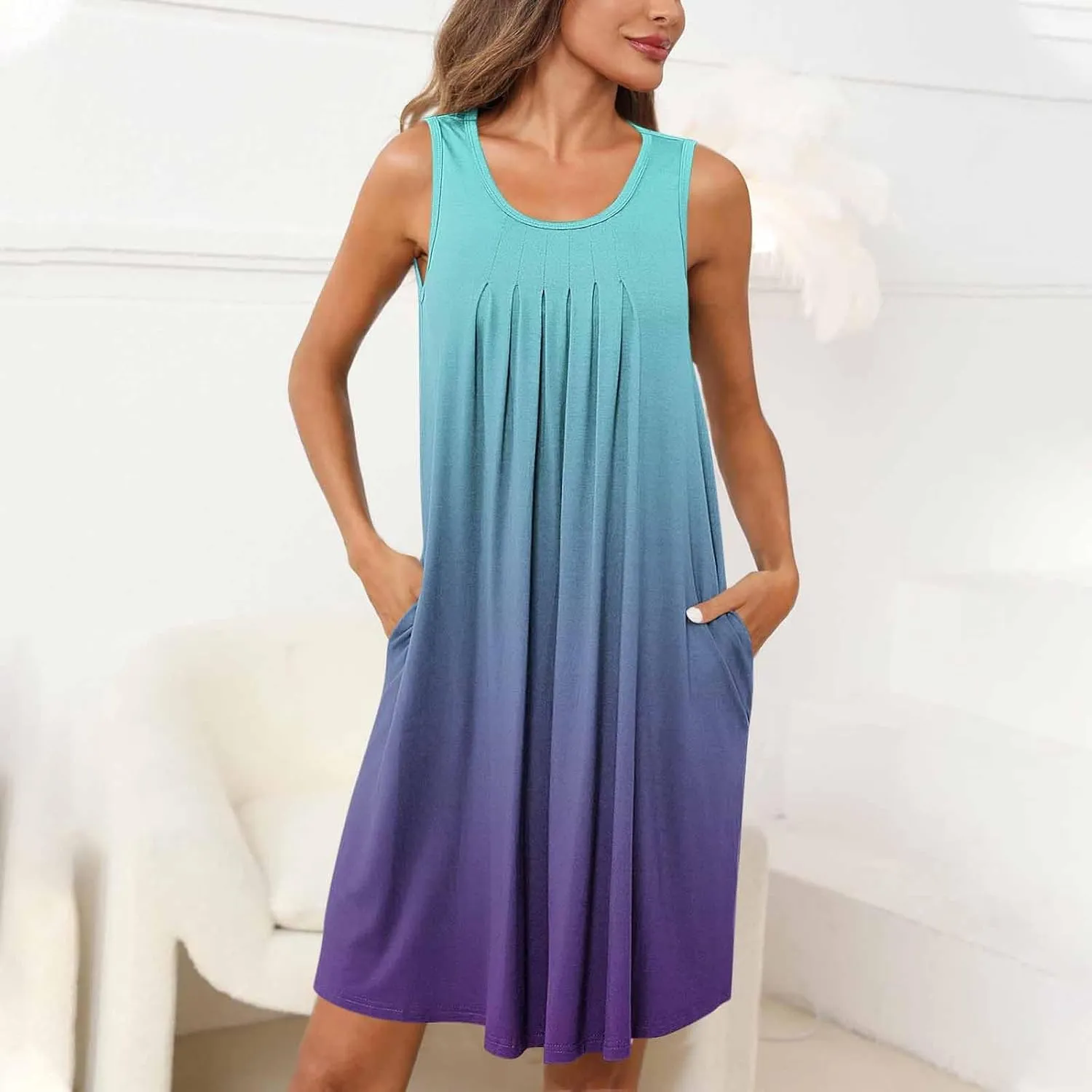 Midi Dresses for Women Summer Crew Neck Sleeveless Striped Sun Dresses Casual Soft Lounge Dress with Pockets