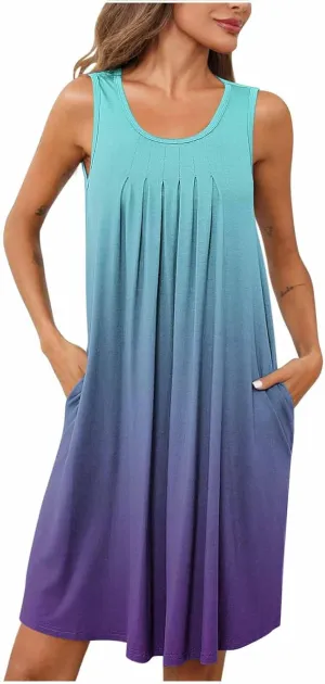 Midi Dresses for Women Summer Crew Neck Sleeveless Striped Sun Dresses Casual Soft Lounge Dress with Pockets