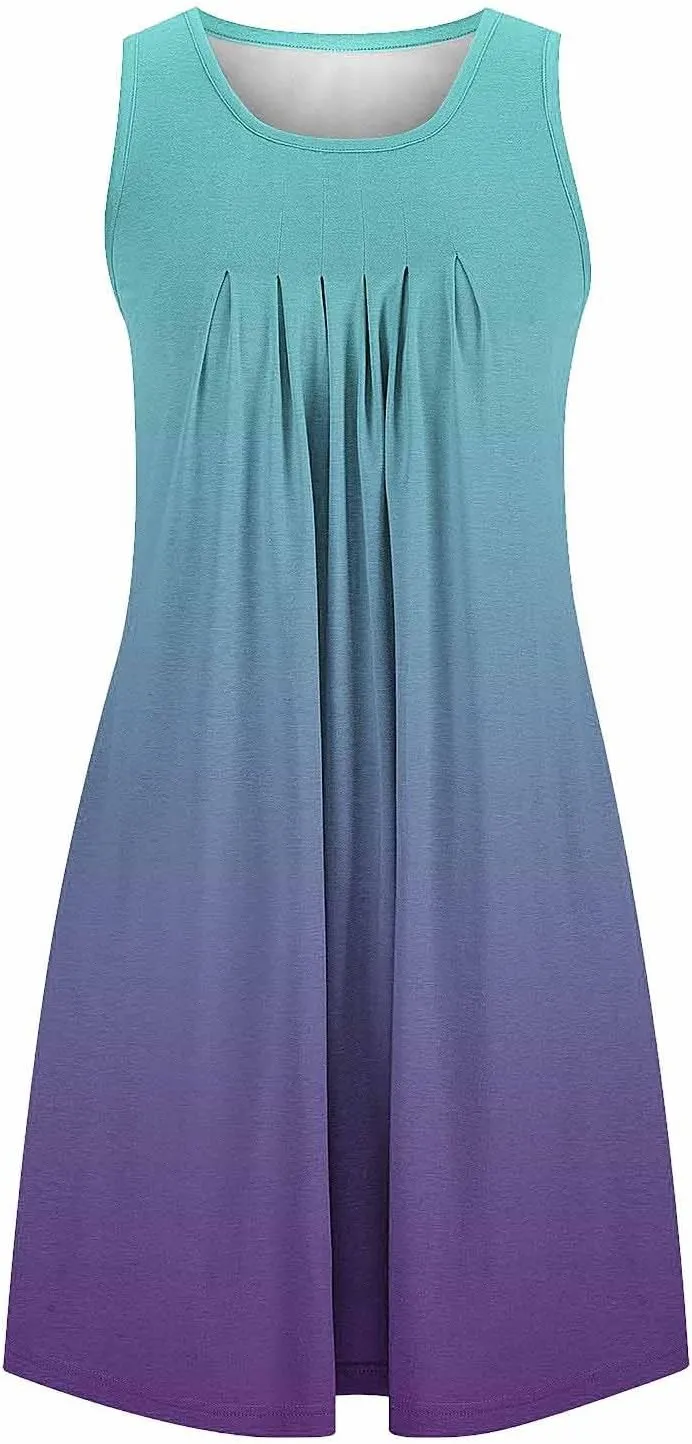 Midi Dresses for Women Summer Crew Neck Sleeveless Striped Sun Dresses Casual Soft Lounge Dress with Pockets