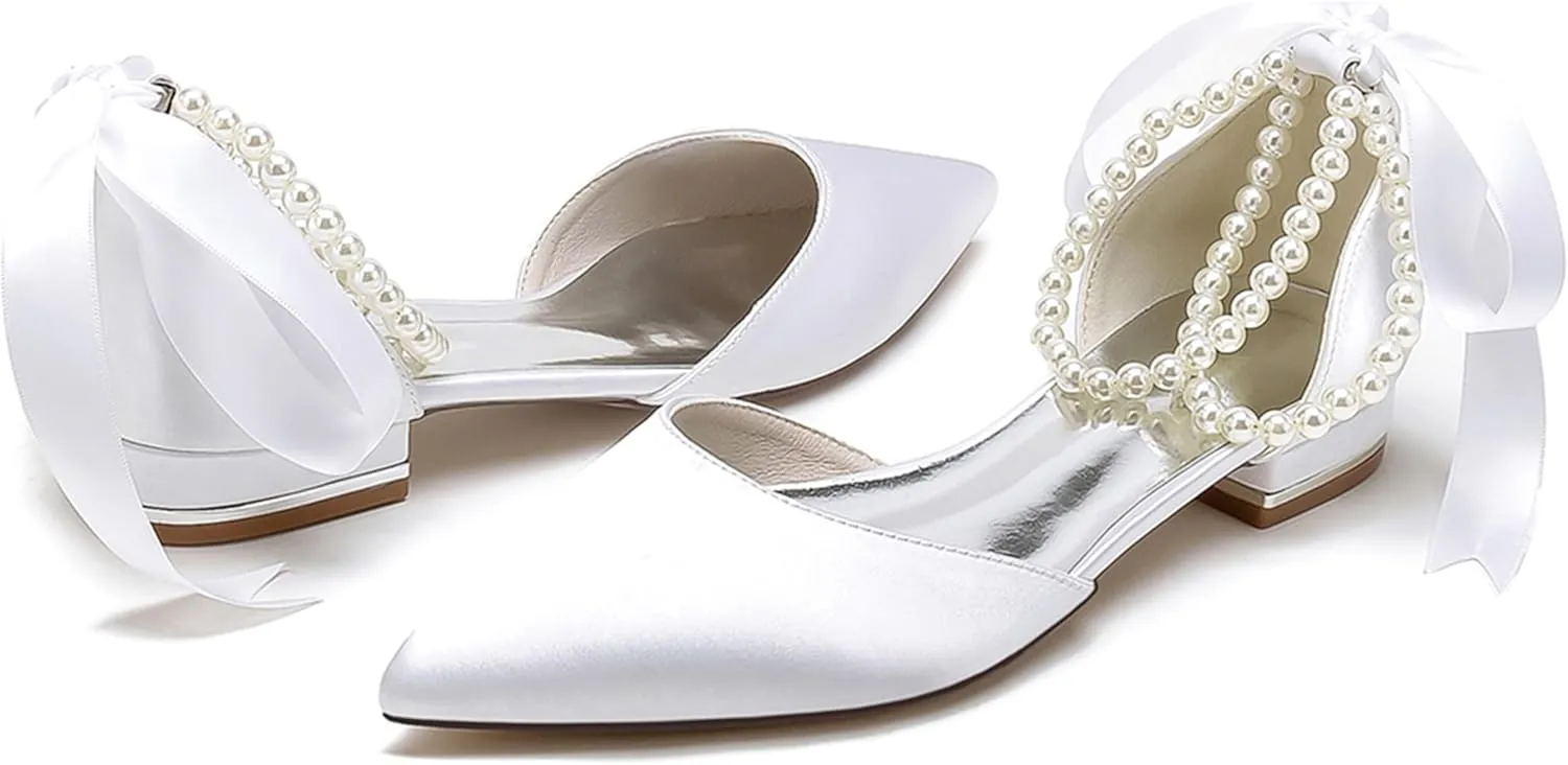 Minishion Beaded Wedding Flats Shoes for Women Girls Ankle Chain Evening Formal Pumps with Ribbon MS321
