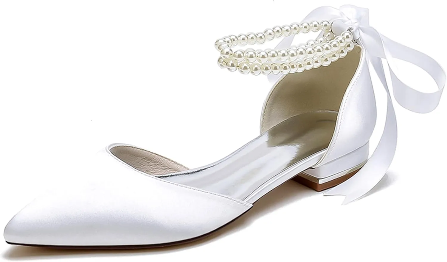 Minishion Beaded Wedding Flats Shoes for Women Girls Ankle Chain Evening Formal Pumps with Ribbon MS321