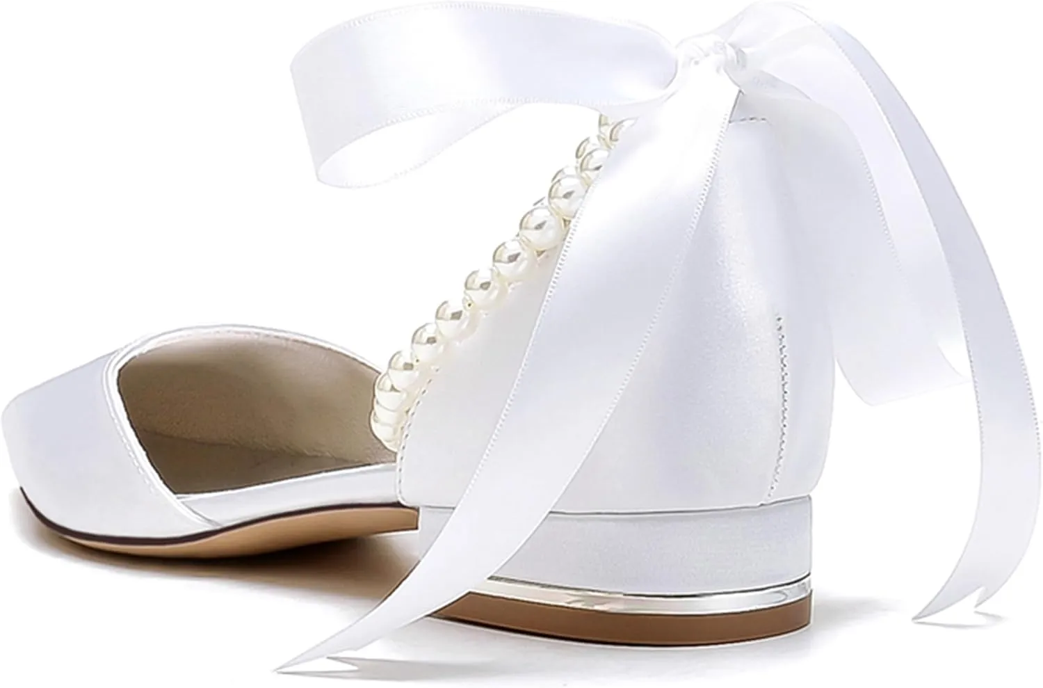 Minishion Beaded Wedding Flats Shoes for Women Girls Ankle Chain Evening Formal Pumps with Ribbon MS321